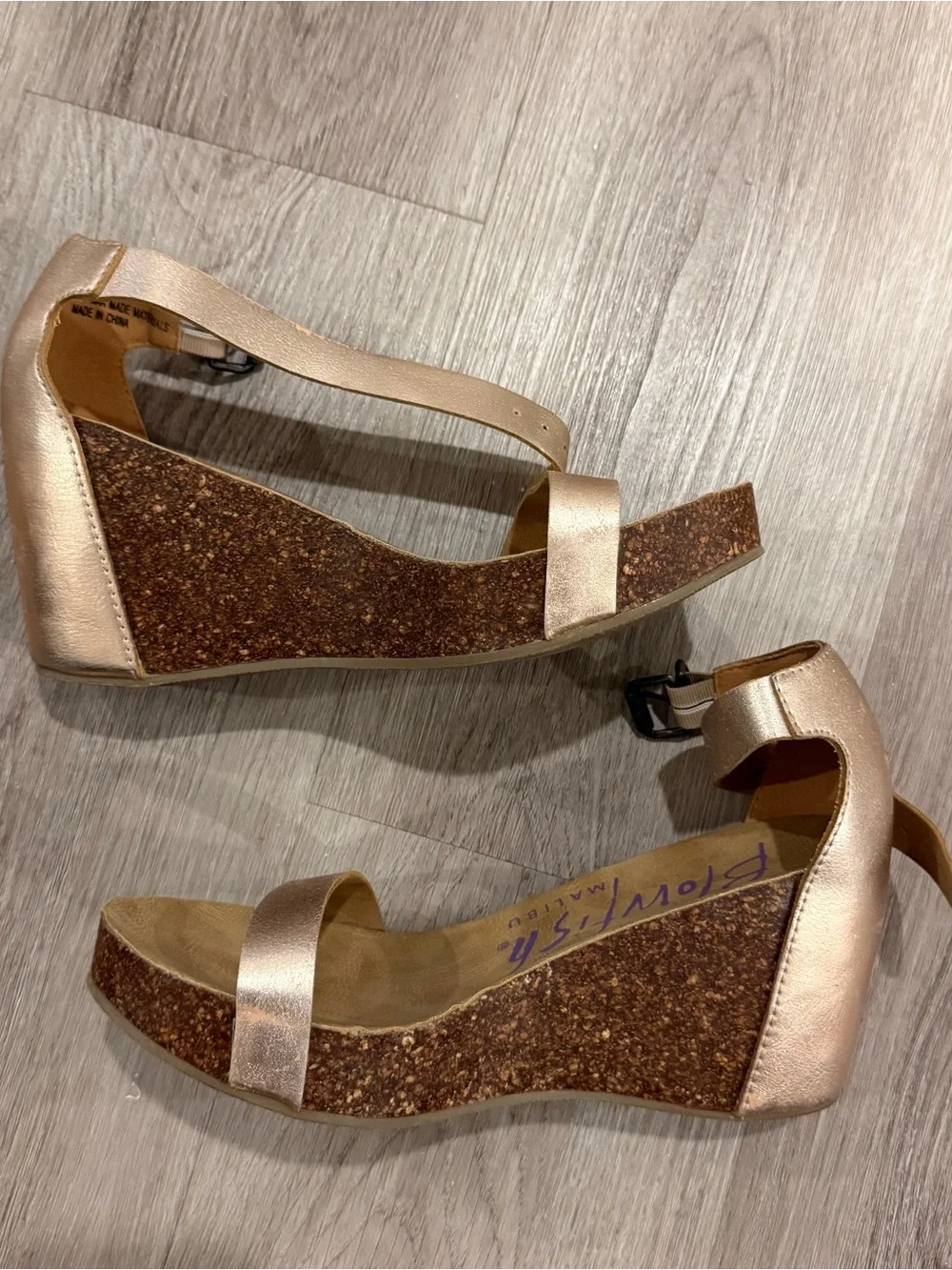 Women's Metallic Rose Gold Cork Wedge Sandals with Ankle Strap